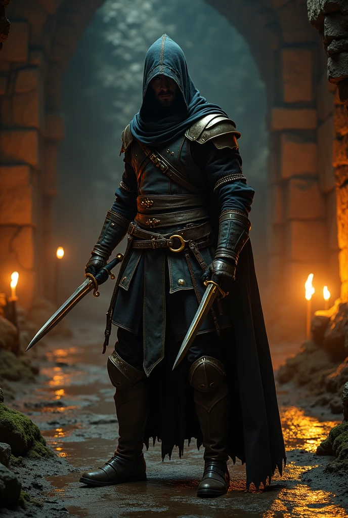 (masterpiece:1.2), (best quality:1.2), 8k, HDR, ultra detailed, ((photorealistic)), professional light, cinematic lighting, fashion photography, ambient lighting, background, a dark medieval dungeon, Darkness, epiCPhoto, fire, stairs, A thief in cloth armor, holding golden dagger in each hands.