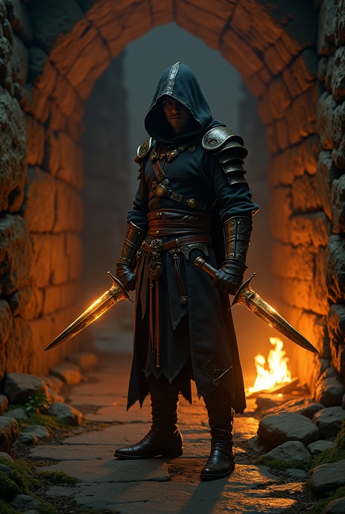 (masterpiece:1.2), (best quality:1.2), 8k, HDR, ultra detailed, ((photorealistic)), professional light, cinematic lighting, fashion photography, ambient lighting, background, a dark medieval dungeon, Darkness, epiCPhoto, fire, stairs, A thief in cloth armor, holding golden dagger in each hands.