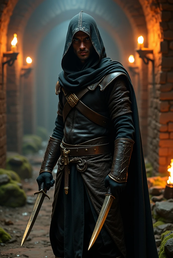 (masterpiece:1.2), (best quality:1.2), 8k, HDR, ultra detailed, ((photorealistic)), professional light, cinematic lighting, fashion photography, ambient lighting, background, a dark medieval dungeon, Darkness, epiCPhoto, fire, stairs, A thief in cloth armor, holding golden dagger in each hands.