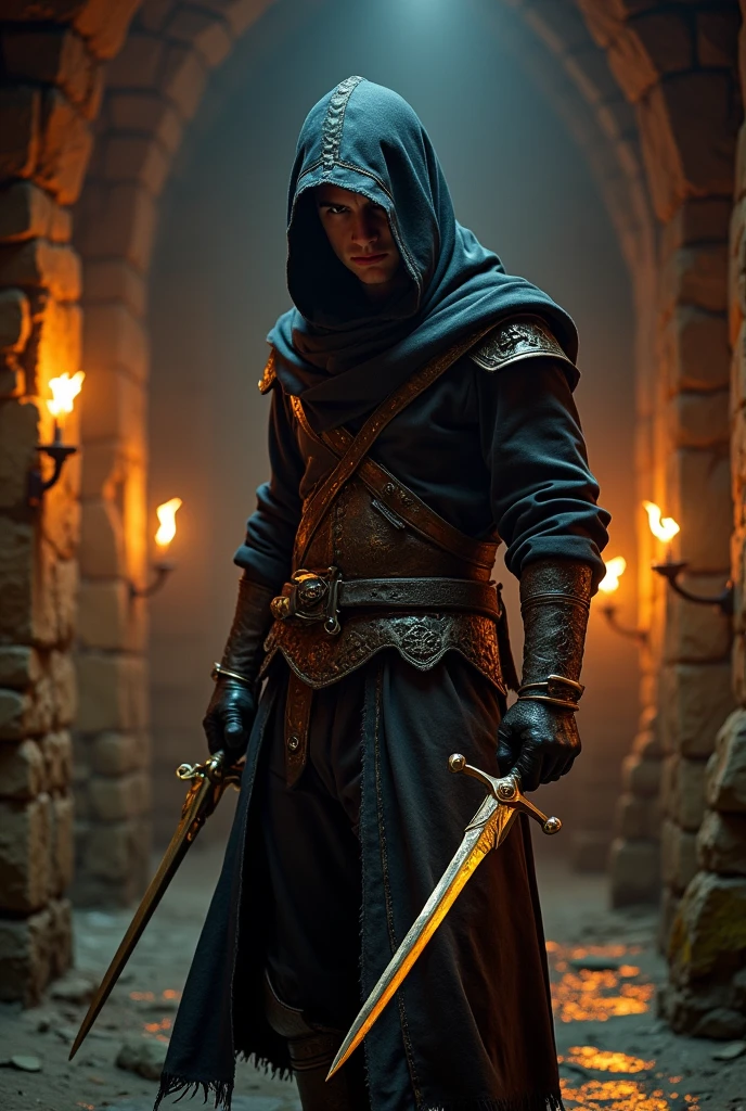 (masterpiece:1.2), (best quality:1.2), 8k, HDR, ultra detailed, ((photorealistic)), professional light, cinematic lighting, fashion photography, ambient lighting, background, a dark medieval dungeon, Darkness, epiCPhoto, fire, stairs, A thief in cloth armor, holding golden dagger in each hands.