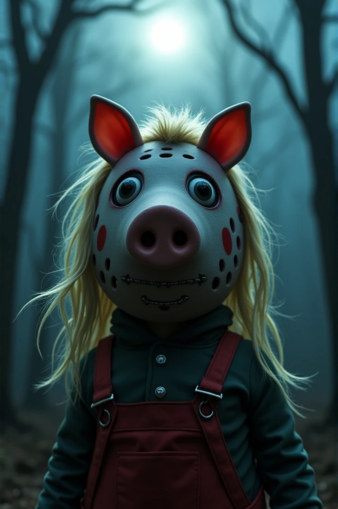 Peppa pig in the shape of Jason from Friday the 13th, macabre, blonde, realistic and with braces 