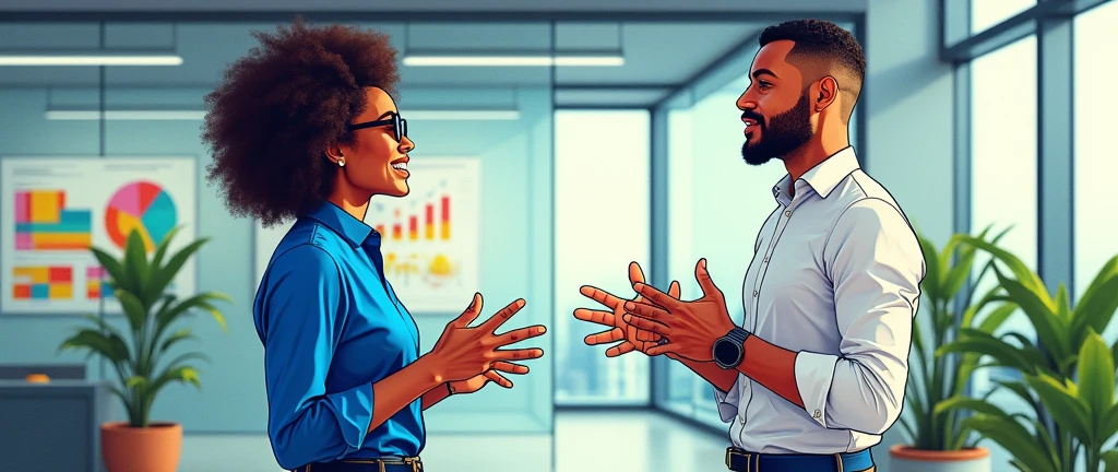 Two employees talking, having different opinions in the company, drawing style