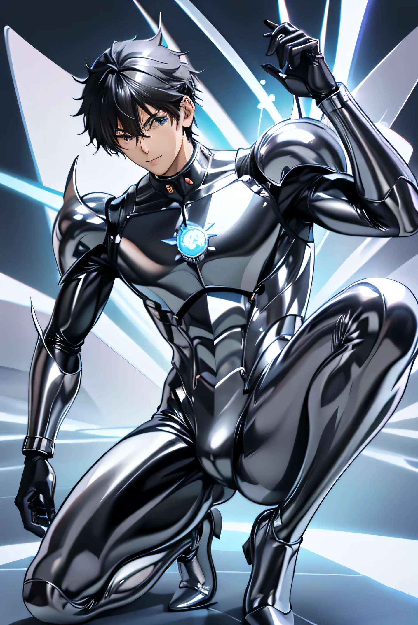 Handsome Japanese male models　　Black Hair　　 18-year-old　　　Kawaii Boy 　Shiny full-body silver suit　　　Shiny silver latex suit　　　future　Metal Body　　 Upper body close-up 　　smile　　　　Dynamic Pose　　　Bulge 　　Raise your leg