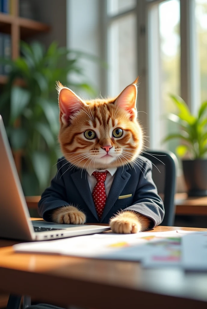 A cute cat wearing office attire, working on a laptop in a modern office setting, high resolution, detailed background, soft lighting"
"A cat in a business suit, sitting at a desk with paperwork and a computer, professional office environment, realistic style"
