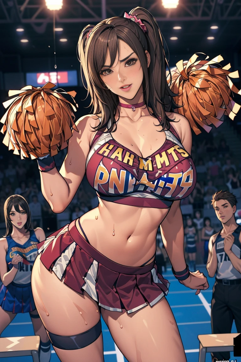 masterpiece, high quality, fine grain, One Woman, Tifa:1.5,Tifa:1.5, Brown eyes, Black Hair, bangs, Long Hair, (Mature Woman, Mature Woman:1.3), Huge breasts, Volume up, Thick thighs, expensive, Long legs,Dark Skin, Sunburn, Bronze Skin,Oily skin, Glowing Skin, Drops of sweat, Wink, A light smile, Open your mouth, (Muscular:0.5), (Genital tattoos:1.0), alone, View your audience, indoor, Athletics, School, (Cheerleader:1.2), Heart-shaped cutouts of clothing, mini skirt, (Dancing:1.1),, string, choker, Thigh straps, Covered nipples, anime_Coloring,
juliet starling,