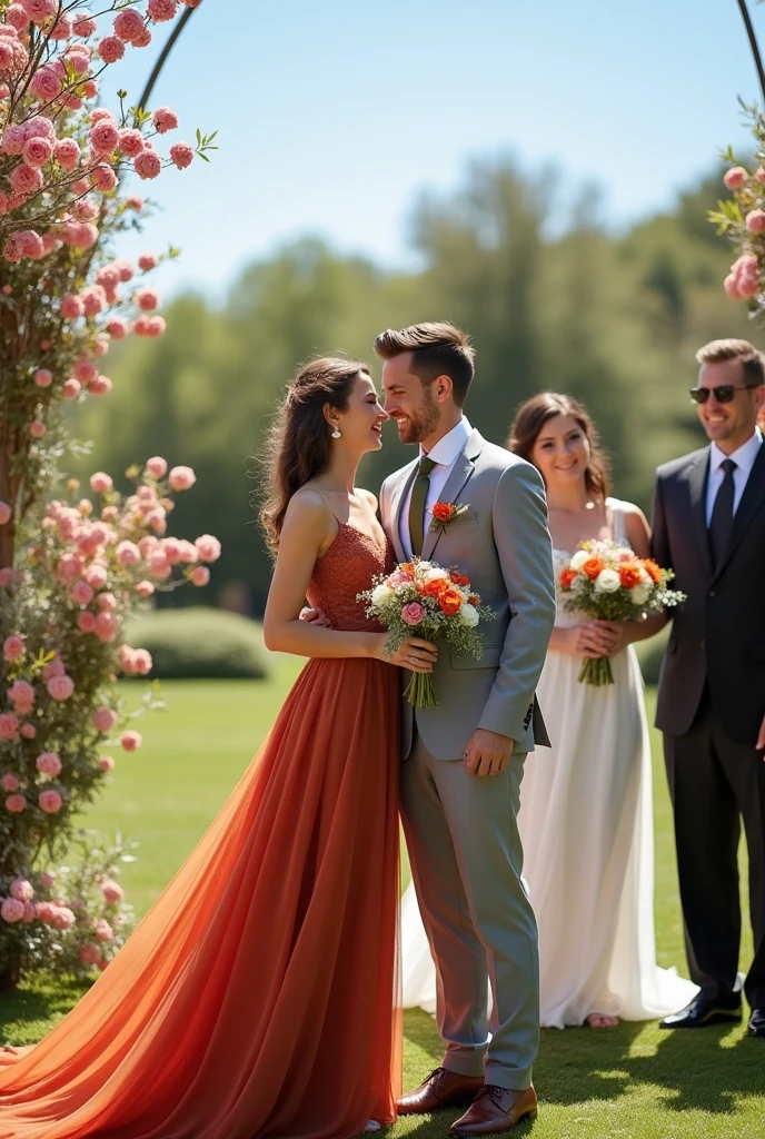 full wedding 1 woman: in rust dress 1 man: in a light gray jacket and light gray pants, with olive green tie 1 woman: in white dress 1 man: in a black jacket and black pants and a black tie



