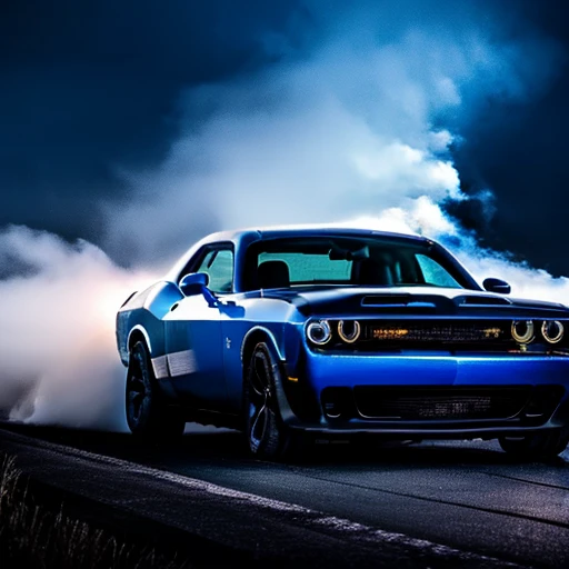 A black dodge challenger with flames of shades of blue, is driving on empty highway, dark outside, headlights glow blue, colorful light, car fully visible, glowing blue, blue highlights, subtle fog, midnight, epic, zoomed out, is facing viewer at a 45 degree angle, black sky, bright headlights