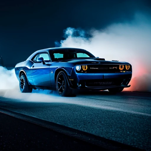 A black dodge challenger with flames of shades of blue, is driving on empty highway, dark outside, headlights glow blue, colorful light, car fully visible, glowing blue, blue highlights, subtle fog, midnight, epic, zoomed out, is facing viewer at a 45 degree angle, black sky, bright headlights