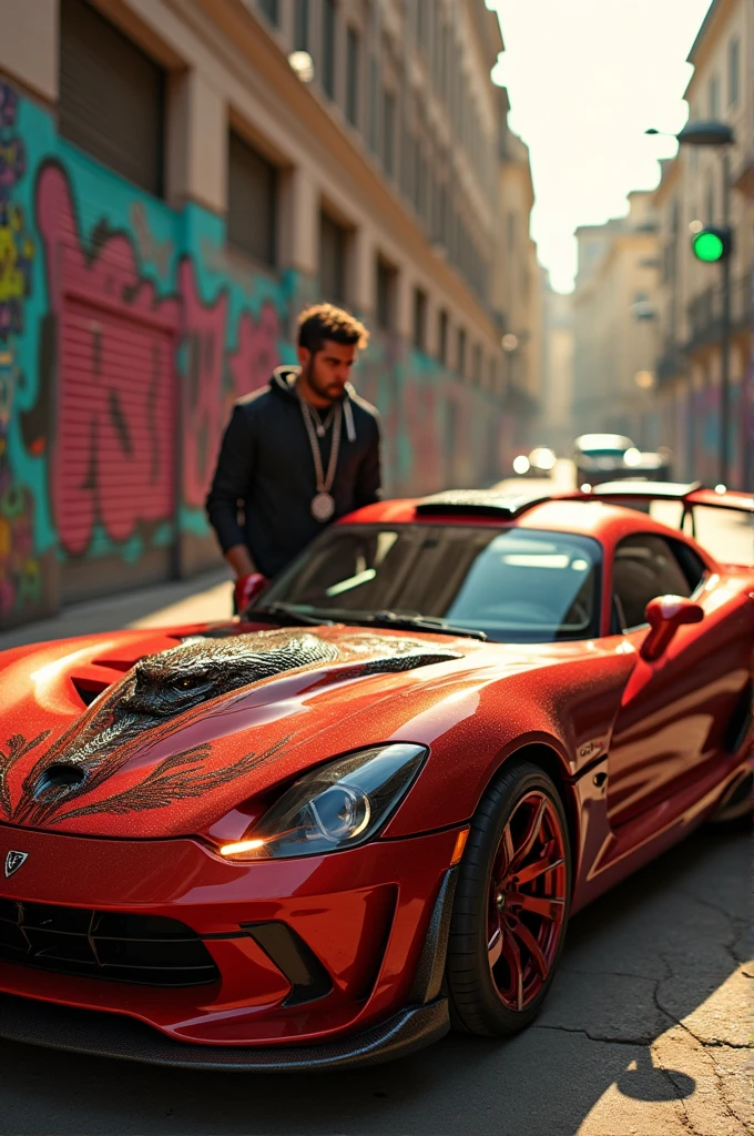 a man standing next to a red sports car, an album cover, inspired by Armando Rubio,Artstation contest winner, cobra, with an eagle emblem, copper, madison beer, naver fanpop, hyperreal - h 6 4 0, agent rubio, 000, rooster!!!!, official photos