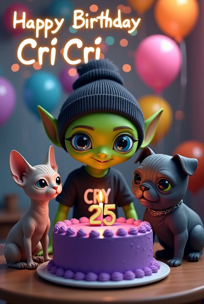small green male alien, with a tender face, blue eyes, dressed in a black beanie, Black t-shirt with the name CRY, with a purple cake with a 25th birthday candle, accompanied by a gray Sphynx cat and a pug dog,
with large text at the top that says happy birthday Cri Cri,
realistic, intricate details.