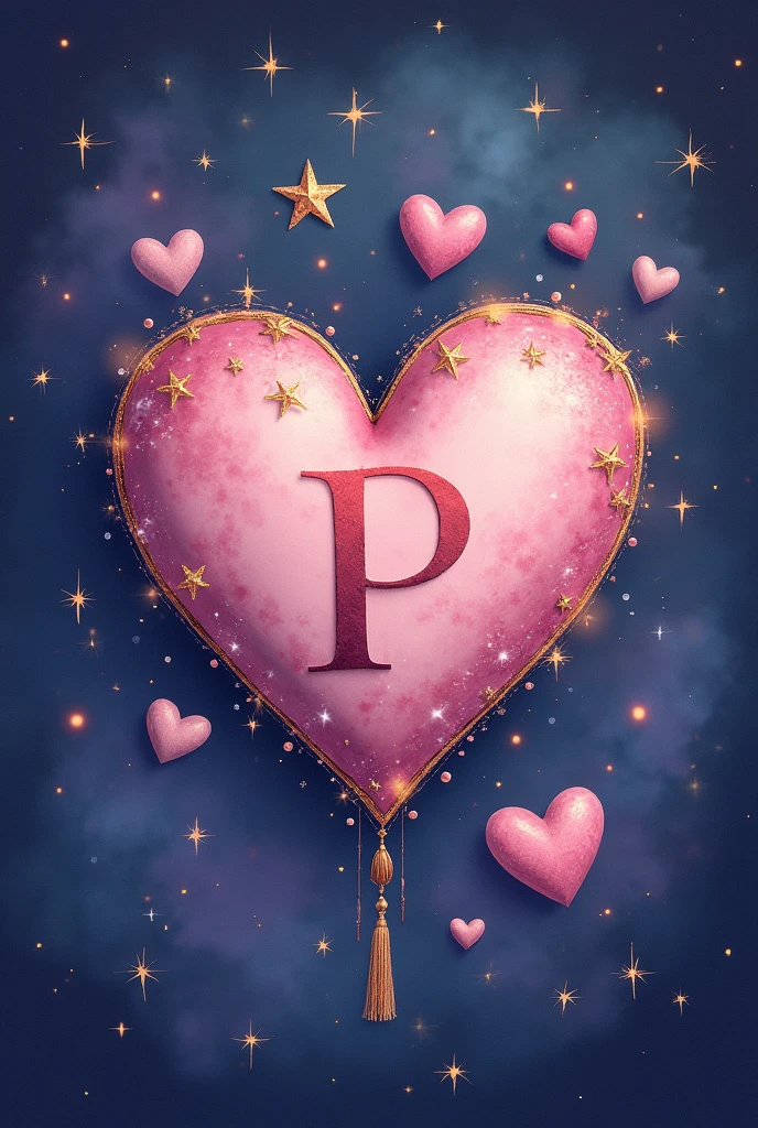 Make a wallpaper with stars and hearts that has a P in the middle With a heart that looks like it's handmade and is aesthetic