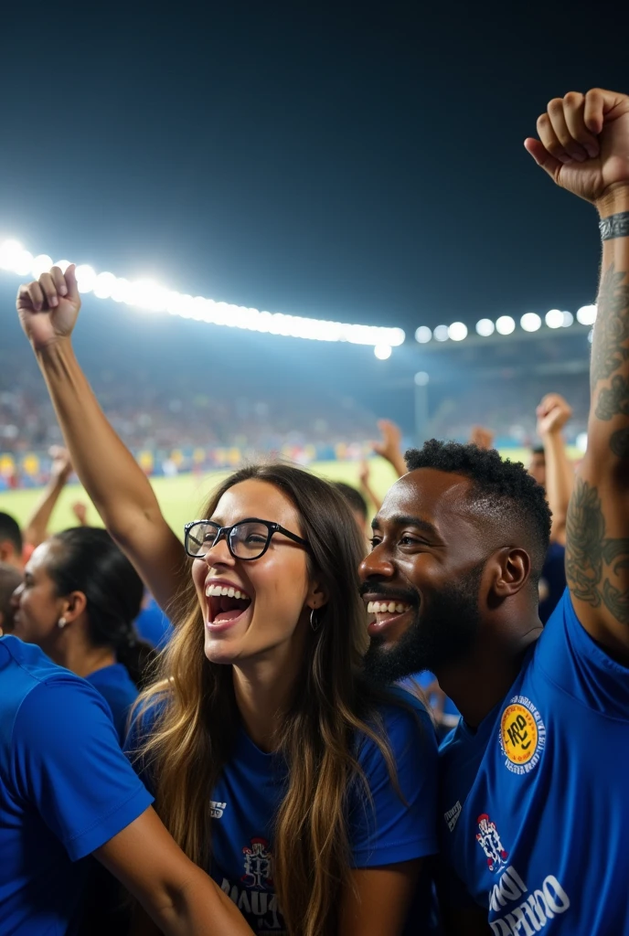 A woman with glasses and long hair, a dark-skinned man with a tattooed forearm at the El Campin stadium watching MILLONARIOS FC from Bogotá, being champion