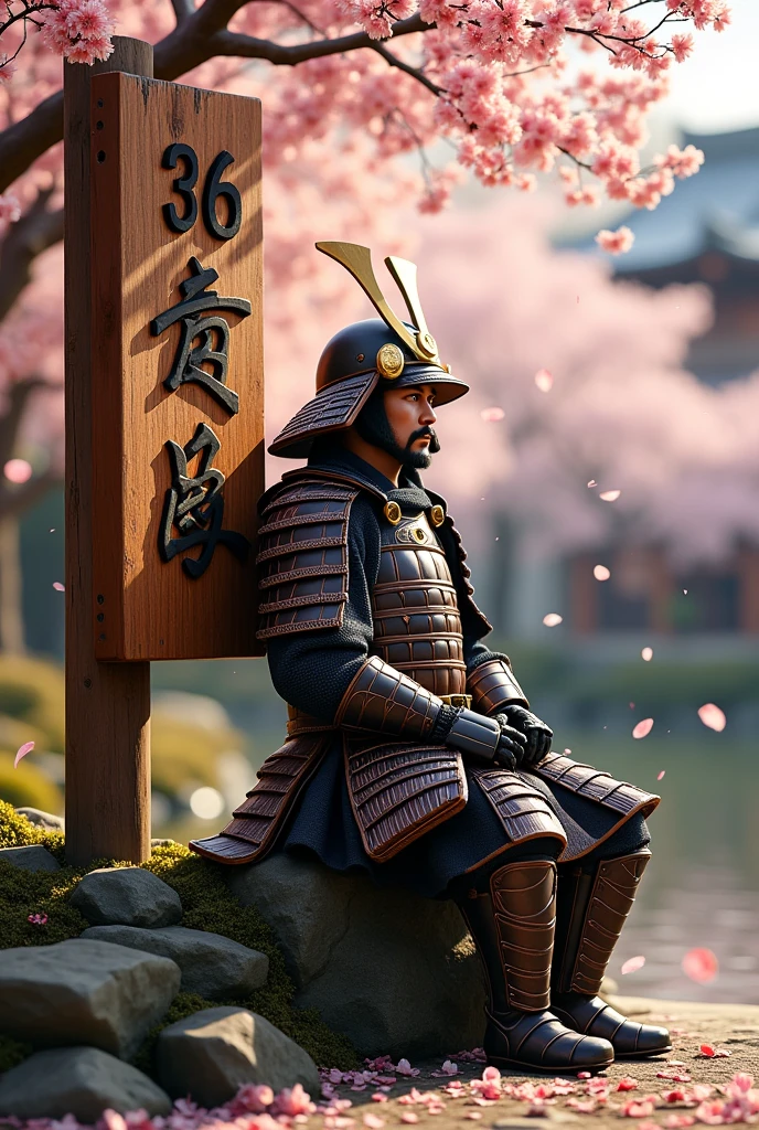 uma placa escrito : 36 Photos, a realistic samurai warrior sitting next to