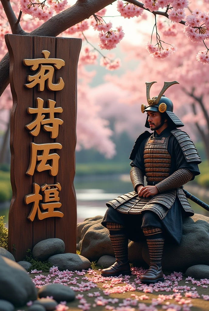 uma placa escrito : 36 Photos, a realistic samurai warrior sitting next to