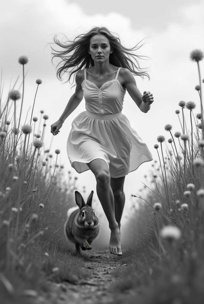 A woman running after a rabbit in black w white