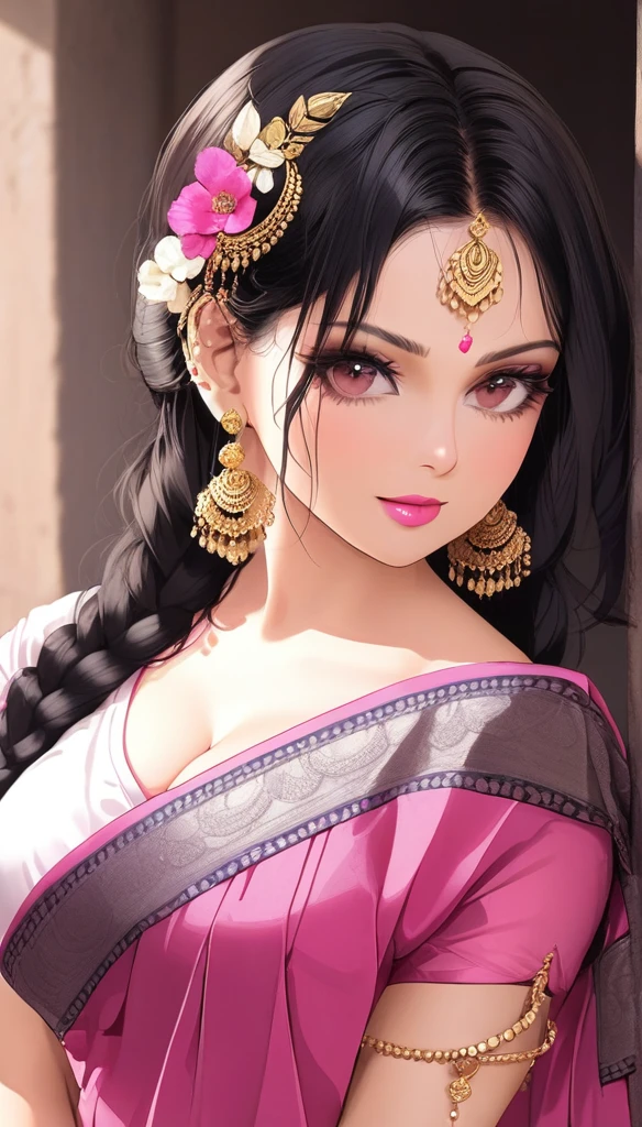 (1woman, mature, hair single braid , full sleeve blouse,light light pink bold saree, traditional Indian long jhumka earrings , detailed alluring , huge breasts ,makeup, cleavage,pink lipstick ,black hair, eyeliner, eyeshadow,exposed navel,deep cleavage ,
