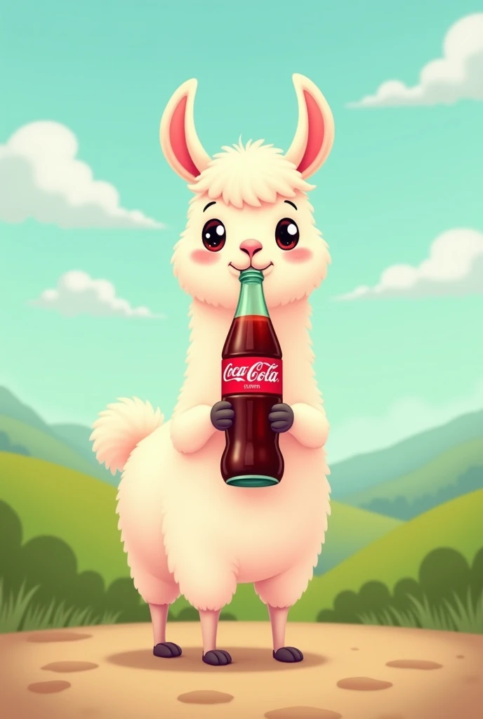 A llama facing forward drinking Coca Cola, animated but not so animated and easier to draw