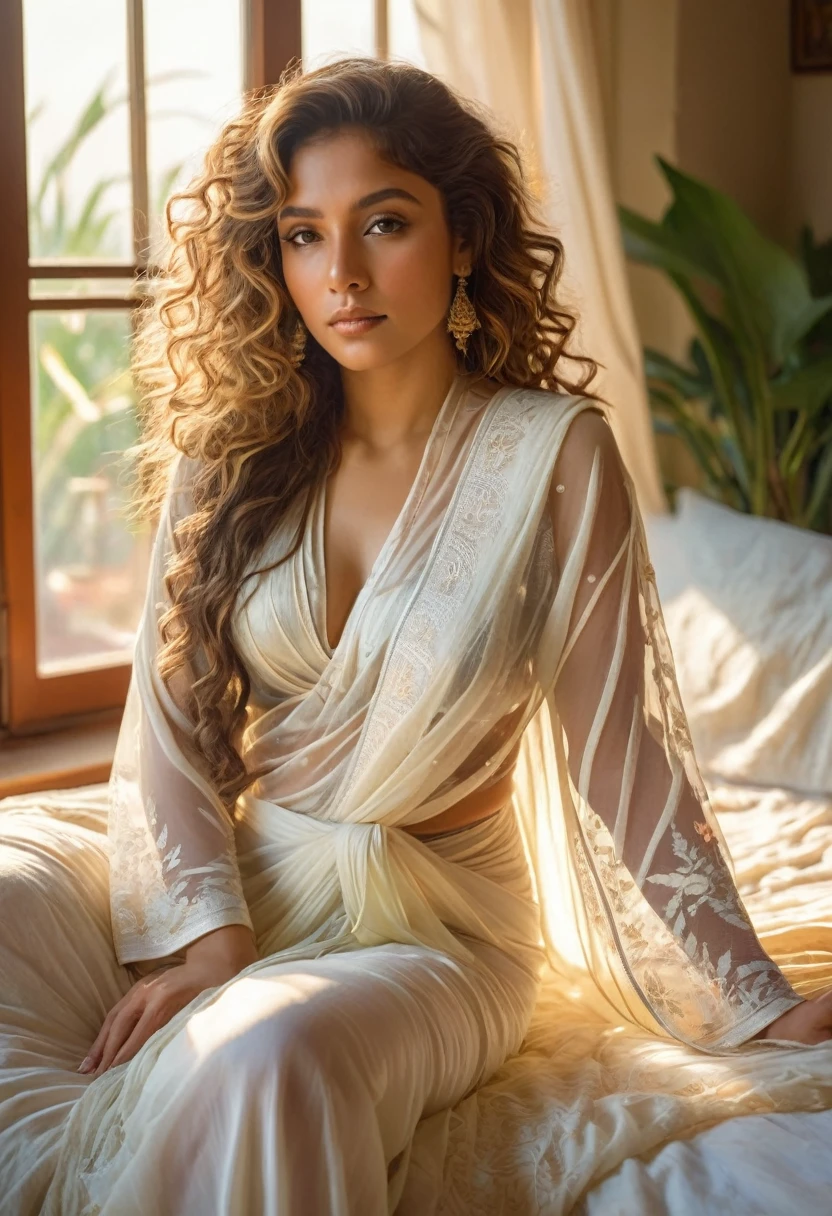 (photorealism:1.2), beautiful woman, sitting on bed, wearing a white see-through saree with open hair without blouse, long curly hair, indoors, soft lighting, plants in background, window with sunlight, cozy room, relaxed pose, realistic, intricate details, warm colors, by Greg Rutkowski, by Alphonse Mucha