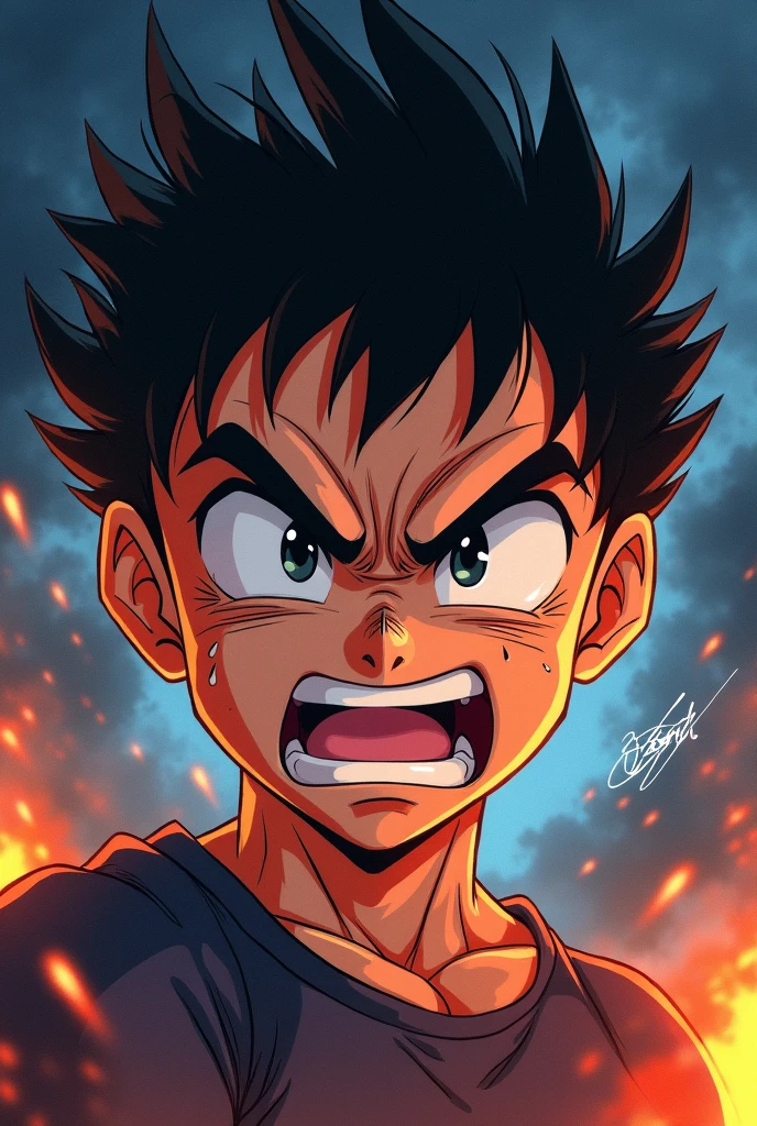 anime style drawing of a strong and powerful boy's face with a realistic angry look