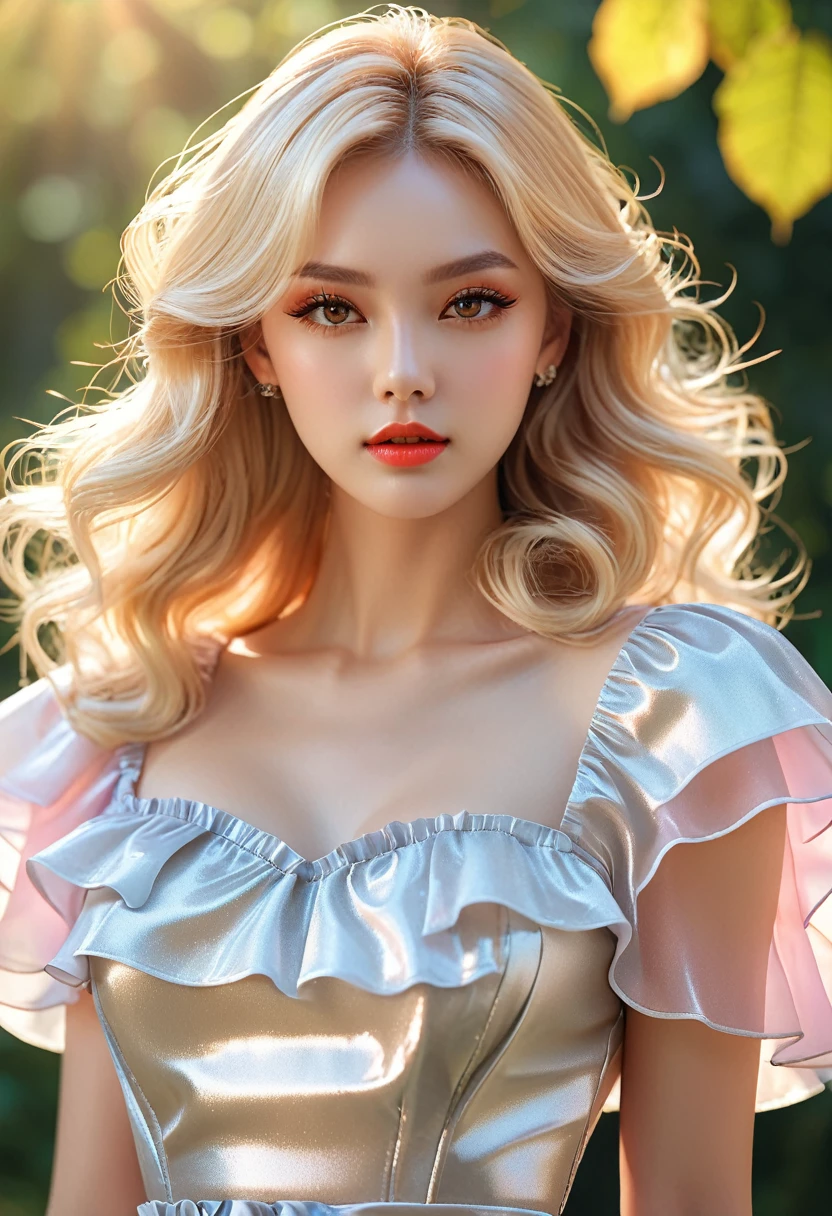 Realistic three-dimensional texture, vivid silhouette, (Shiny layered wide frill blouse, One-piece dress with puff short sleeves), A woman with a beautiful face, with glossy pale skin and hazel eyes._Orange color makeup, Glossy pink lips, soft starlight, Dance with a dreamy expression as if you are dreaming. (Long blonde hair flowing down her forehead, Full head of hair, Shiny hair), Camera angle capturing the upper body above the hips, clear resolution, Clear picture quality, realistic atmosphere, Bright Themes, 초realistic atmosphere, (vivid silhouette, masterpiece, best quality), Blurry nature background.