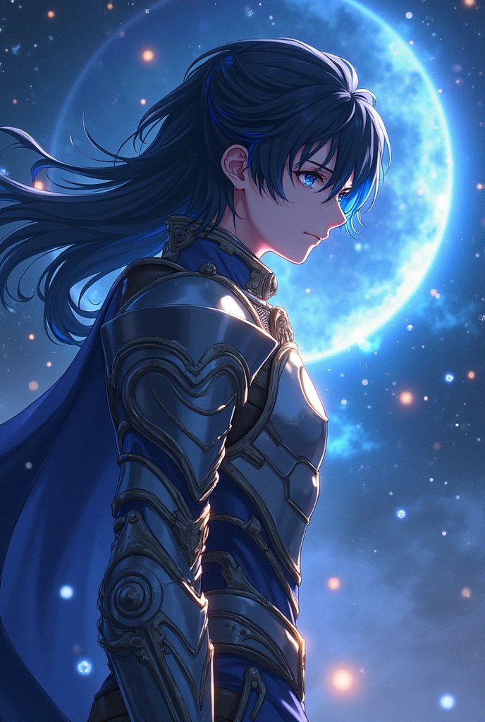 put the name: (The Eminent Divine Spirit), written in the drawing. Create a character, AGE HUMAN MALE WITH ARMOR with JAPANESE ANIME style drawing features, IN a cosmic environment, long black hair with a cobalt blue streak in one hair, cobalt blue eyes. put the name: (The Eminent Divine Spirit)