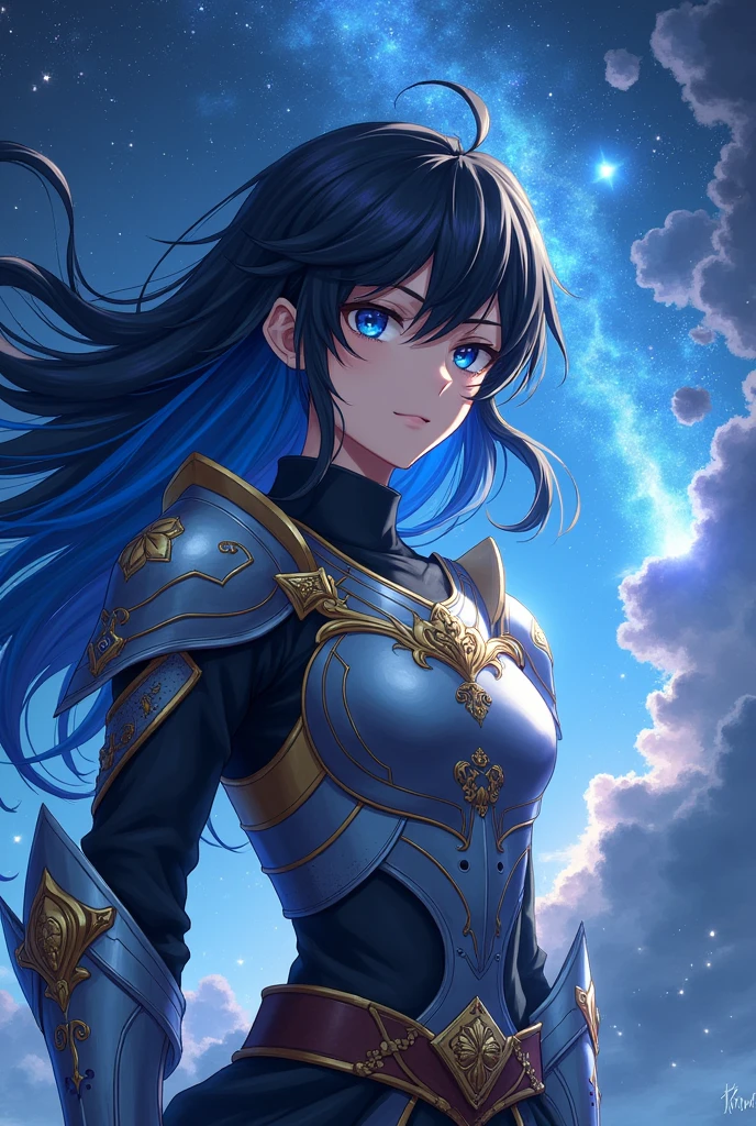 put the name: (The Eminent Divine Spirit), written in the drawing. Create a character, TEENAGE HUMAN MALE WITH ARMOR with JAPANESE ANIME style drawing features, IN a cosmic environment, long black hair with a cobalt blue streak in one hair, cobalt blue eyes. put the name: (The Eminent Divine Spirit)