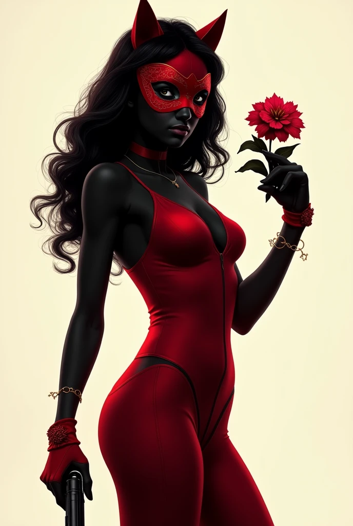A silhouette of a girl wearing red Catwoman suit. Wavy hair. no head gear. Wearing red mascaraed mask. Holding a small gun and bow. Plain background. Semi-realism art. Holding a petunia flower