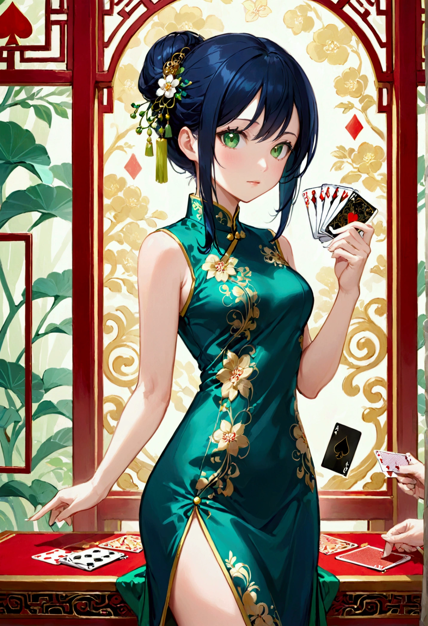 Dark blue hair girl, Green Eyes,Tall, rectangular body type, Mature,Green cheongsam，enchanting，（A hand holding playing cards）