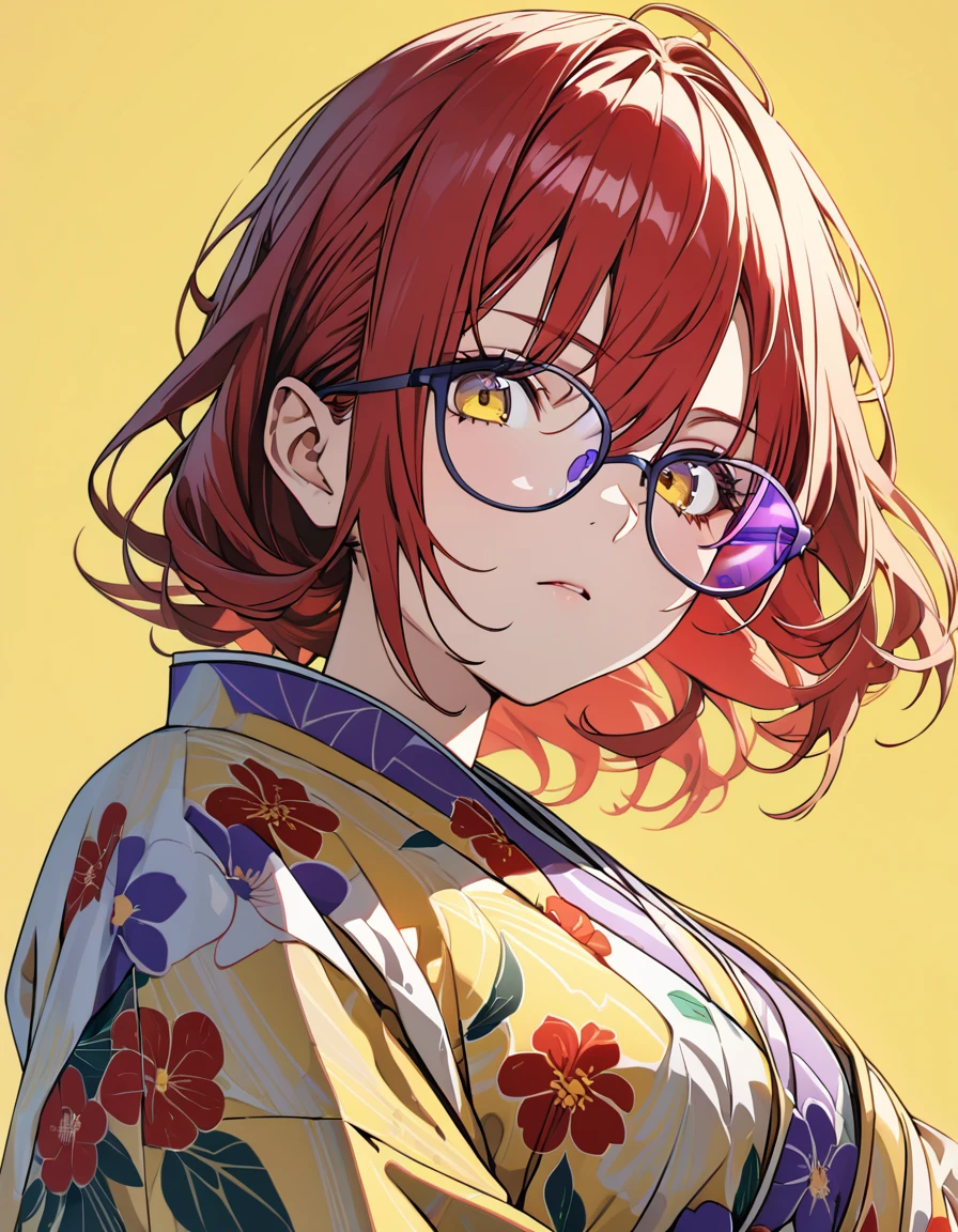 (masterpiece)、(absurdres)、(ultra detailed)、(8k),Anime illustration,BREAK,(yellow simple background:1.5),BREAK,(simple purple glasses),BREAK,Expressionless,potrait shot,独奏,(woman:1.1),(wavy hair:0.7),(long red hair:1.1),hair between eyes,BREAK,(yellow eyes),BREAK,(Floral kimono),from below、looking viewer,