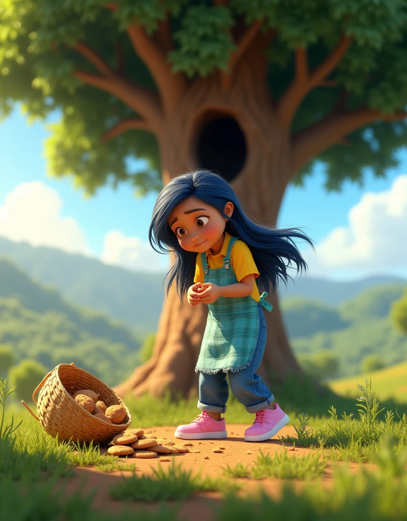 ((masterpiece, best quality)), award winning, 4k, 8k, 3d pixar animation character, visible face, SIDE VIEW,(one 25 YEAR OLD woman NAMED BRISA), portrait, beautiful, cute, yellow shirt, yellow pants, long light blue apron, pink sneakers, long plaid blue hair waving with the wind, light tan skin, brown eyes, ((Perfect Hands)), UHD, 8K,she seems amazed and sad looking down watching her basket full of cookies in the ground with cookies scattered all around the floor,, BACKGROUND IS: ((masterpiece, best quality)),3d illustration of countryside el salvador, a big, tall and wide amate tree behind with a big hole in its trunk