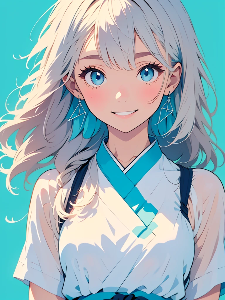 Minimalist, Stylish girl, Gray Hair, Blue background, Wear special earrings, Bohemian style, Defined eyelashes, Bright Blue Eyes, clean transparent eyelashes, close, Smiling face flat illustration, geometry, clean, Japanese Manga,