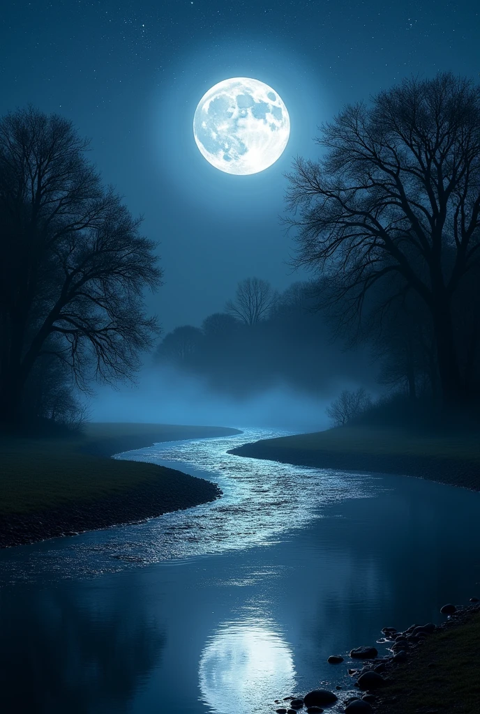 A full moon reflecting in a river