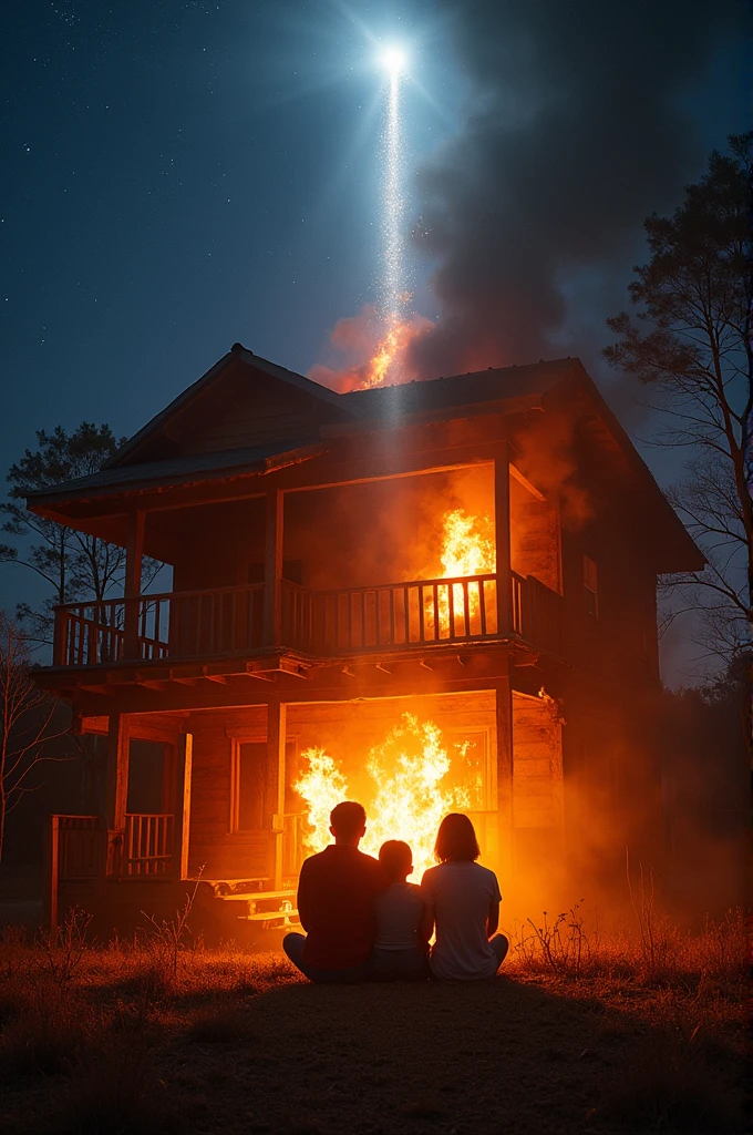 A house on fire with a family praying inside and a bright light in the sky protecting the house