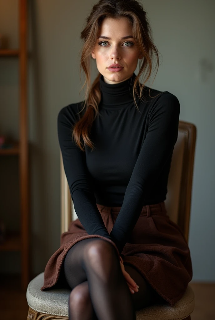 brown hair color、hair pulled back、ponytail、cute face、 she wears a turtleneck and a skirt.、black pantyhose、sitting on a chair、crossed legs、Wearing black lace gloves、wearing boots、adult german woman、full body portrait、indoor.、