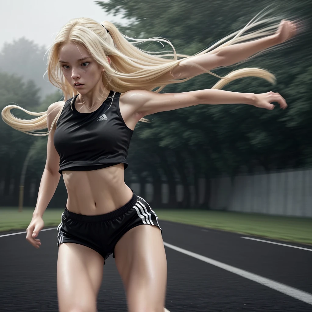 1 girl, Runner,, black sports top, white shorts,Long hair ,blonde,perfect body, dynamic brushstrokes, fluid movement, capturing the essence of their athleticism and energy., Using dark colors and soft tones to create an ethereal and dreamy atmosphere, portraying the motion and grace of correr, and the surrounding landscape. outdoor, detailed background, modern metropolis,
