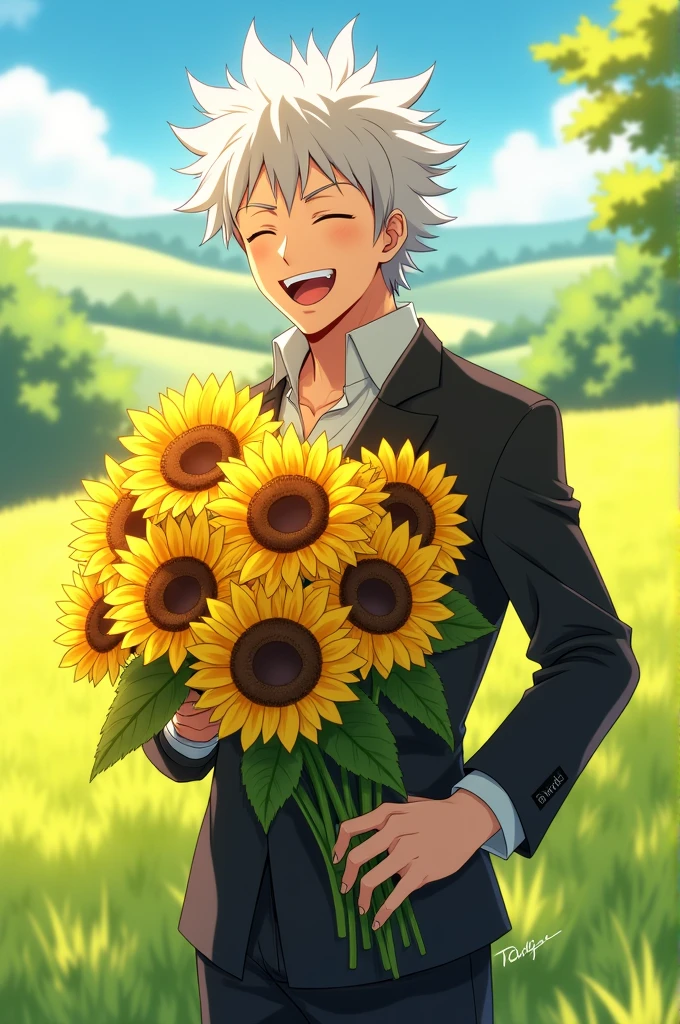 make satoru gojo from jujutsu kaisen holding a bouquet of sunflowers