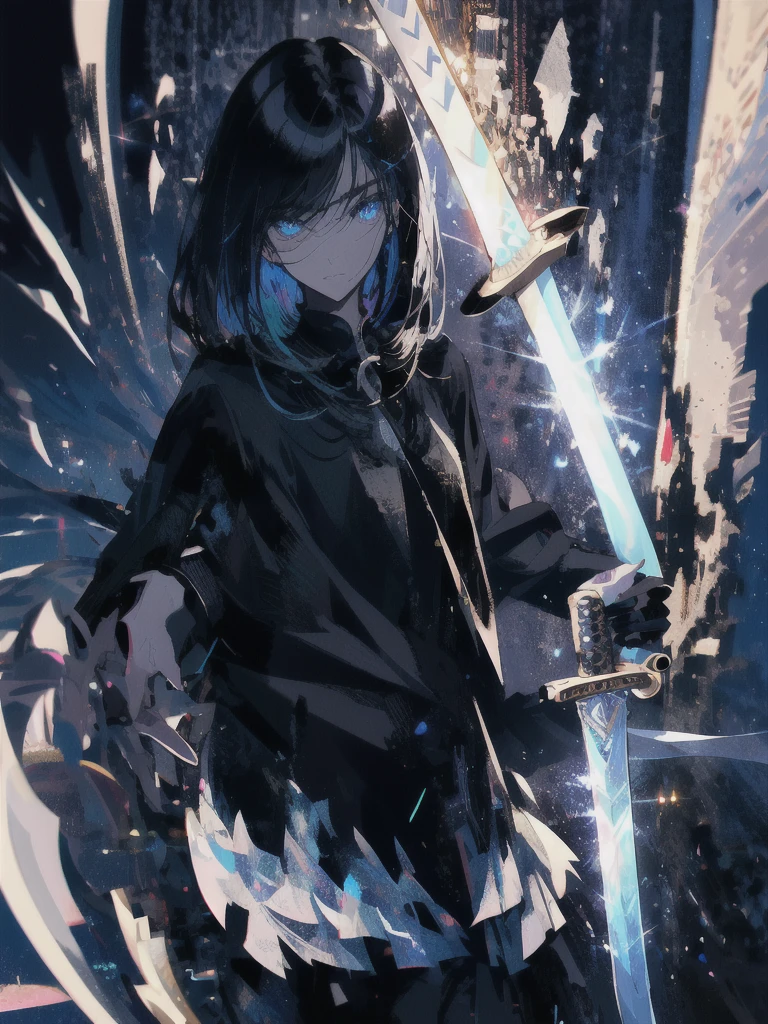 Holding a one-handed sword、Please take the black sword.、((masterpiece, highest quality, Super detailed, High resolution)), alone, beautiful girl, shining eyes, perfect eyes, 15 years old, black white gold theme,