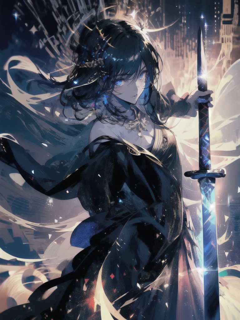 Holding a one-handed sword、Please take the black sword.、((masterpiece, highest quality, Super detailed, High resolution)), alone, beautiful girl, shining eyes, perfect eyes, 15 years old, black white gold theme,