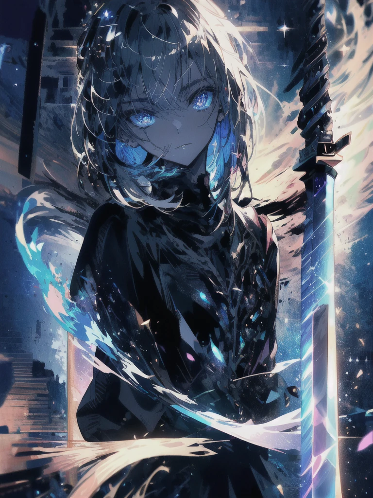 Holding a one-handed sword、Please take the black sword.、((masterpiece, highest quality, Super detailed, High resolution)), alone, beautiful girl, shining eyes, perfect eyes, 15 years old, black white gold theme,