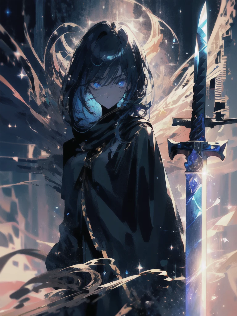 Holding a one-handed sword、Please take the black sword.、((masterpiece, highest quality, Super detailed, High resolution)), alone, beautiful girl, shining eyes, perfect eyes, 15 years old, black white gold theme,