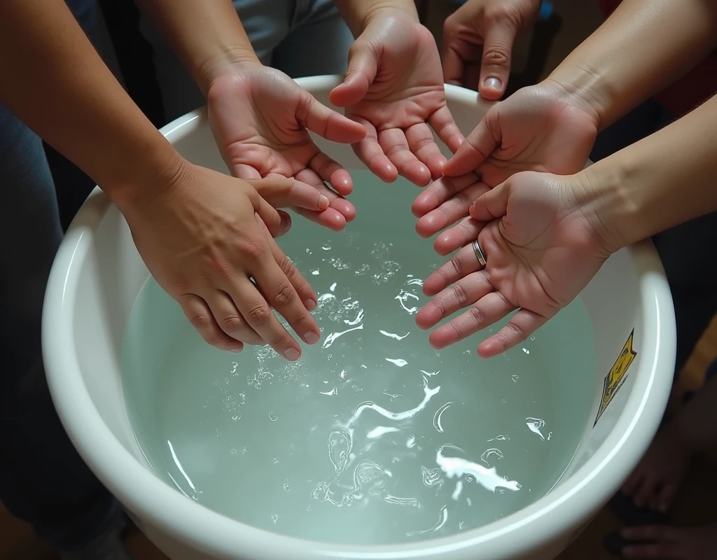 Five hands entered from the elbow on the right side of the frame in a semi-circle and they are drawing water from a basin containing mineral water, and the basin on the left side of the frame is seen as a semi-circle.