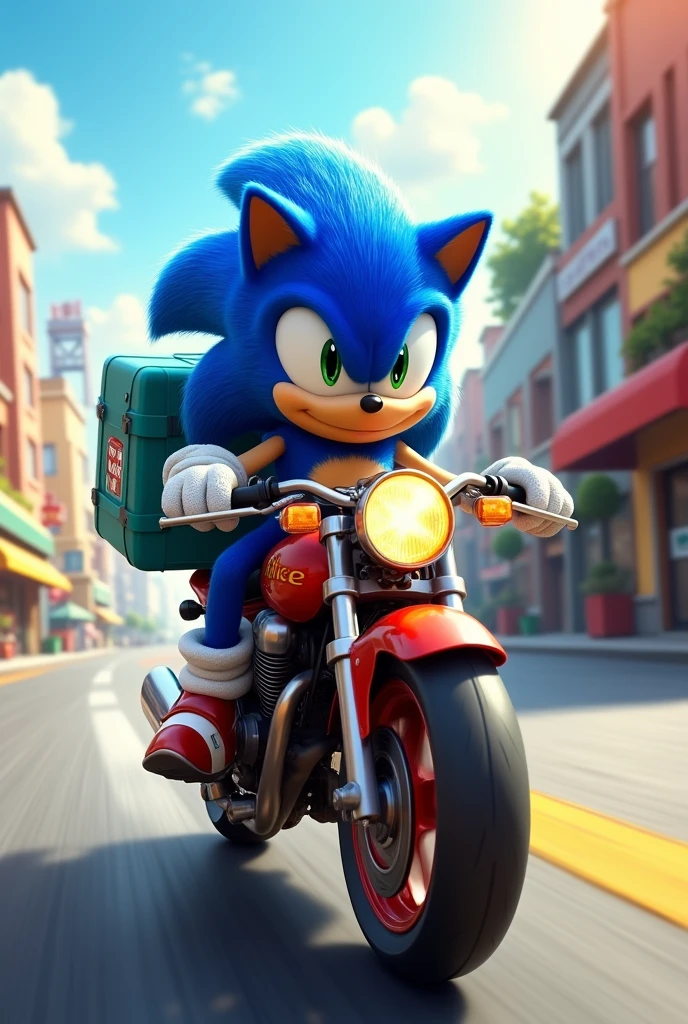 Sonic con mochila celeste de delivery en moto