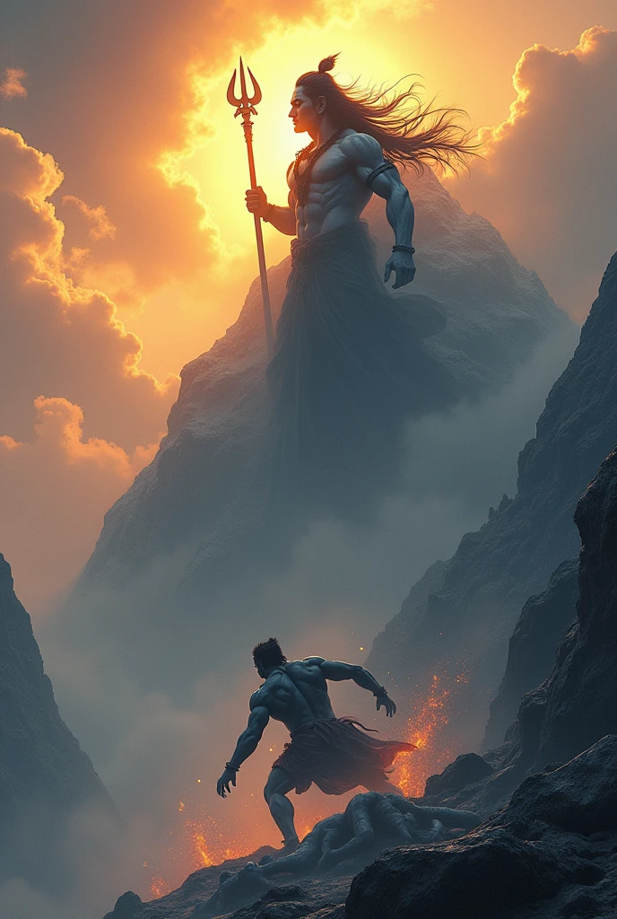 The huge form of Lord Shiva is coming from the top of the mountain killing a demon.
