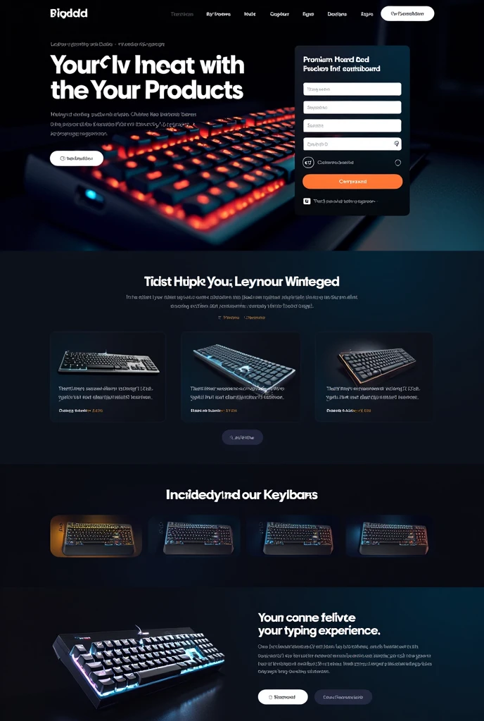 Designing a compelling landing page for a lead generation campaign focusing on keyboards requires a mix of persuasive copy, stunning visuals, and a user-friendly form to capture leads. Here's a breakdown of how to structure the landing page: Landing Page Structure Hero Section Background Image: A high-quality image of a beautiful, premium keyboard, preferably in a dark theme that aligns with the overall site style. Headline: "Unleash Your Typing Potential with Our Premium Keyboards" Subheadline: "Discover the ultimate typing experience with our range of high-performance keyboards designed for professionals and enthusiasts alike." Lead Capture Form: Fields: Name, Email, Interested Brand/Model, How did you hear about us? Call-to-Action (CTA): "Get Exclusive Deals Now" Form Design: Minimalist, with white fields and orange accents to stand out on a dark background. Product Showcase Carousel or Grid Display: Featuring images of various keyboard models from different brands. Descriptions: Each keyboard image is accompanied by a brief description highlighting key features, such as mechanical switches, RGB lighting, or ergonomic design. Price Display: Clearly show product prices, emphasizing any discounts or special offers. CTA Buttons: "Buy Now" or "Learn More" buttons under each product image. Why Choose Us? Key Benefits Section: Highlight the unique selling points of the keyboards, such as "Top-tier mechanical switches," "Customizable lighting," and "Unmatched durability." Include icons and short text for visual appeal. Professional Marketing Analysis: A short paragraph on how our products are preferred by professionals and are designed with user experience and performance in mind. Customer Reviews & Ratings User Testimonials: Showcase 3-4 customer reviews with ratings (stars). Review Design: Reviews should be in white text on a dark background, with orange stars to maintain the color scheme. Customer Images: Include small profile pictures of reviewers to add authen