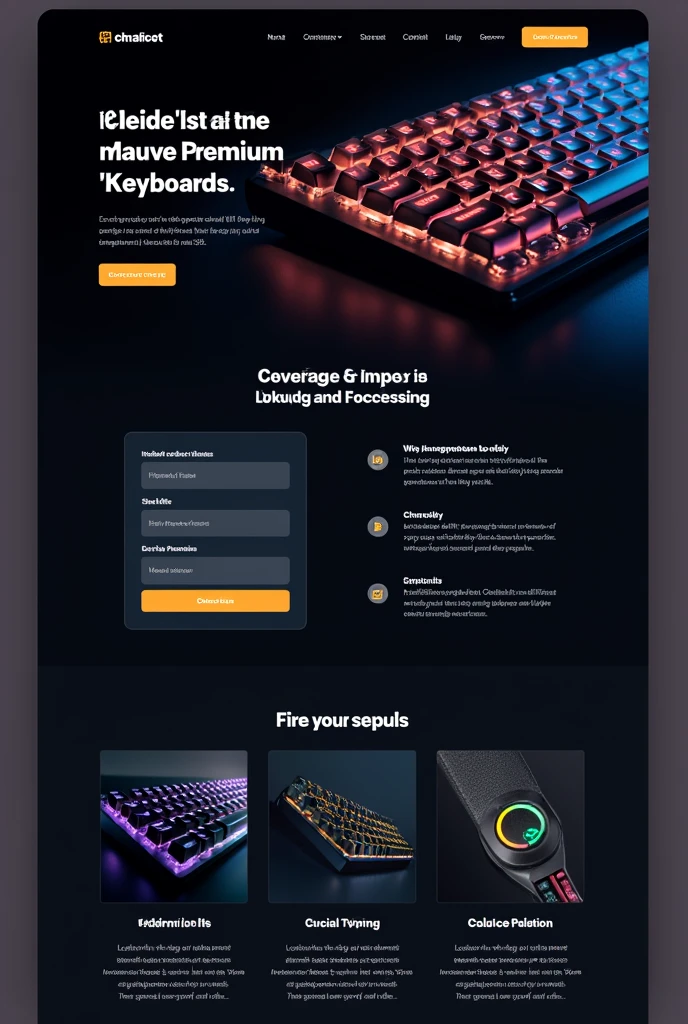 Designing a compelling landing page for a lead generation campaign focusing on keyboards requires a mix of persuasive copy, stunning visuals, and a user-friendly form to capture leads. Here's a breakdown of how to structure the landing page: Landing Page Structure Hero Section Background Image: A high-quality image of a beautiful, premium keyboard, preferably in a dark theme that aligns with the overall site style. Headline: "Unleash Your Typing ential with Our Premium Keyboards" Subheadline: "Discover the ultimate typing experience with our range of high-performance keyboards designed for professionals and enthusiasts alike." Lead Capture Form: Fields: Name, Email, Interested Brand/Model, How did you hear about us? Call-to-Action (CTA): "Get Exclusive Deals Now" Form Design: Minimalist, with white fields and orange accents to stand out on a dark background. Product Showcase Carousel or Grid Display: Featuring images of various keyboard models from different brands. Descriptions: Each keyboard image is accompanied by a brief description highlighting key features, such as mechanical switches, RGB lighting, or ergonomic design. Price Display: Clearly show product prices, emphasizing any discounts or special offers. CTA Buttons: "Buy Now" or "Learn More" buttons under each product image. Why Choose Us? Key Benefits Section: Highlight the unique selling points of the keyboards, such as "Top-tier mechanical switches," "Customizable lighting," and "Unmatched durability." Include icons and short text for visual appeal. Professional Marketing Analysis: A short paragraph on how our products are preferred by professionals and are designed with user experience and performance in mind. Customer Reviews & Ratings User Testimonials: Showcase 3-4 customer reviews with ratings (stars). Review Design: Reviews should be in white text on a dark background, with orange stars to maintain the color scheme. Customer Images: Include small profile pictures of reviewers to add authen