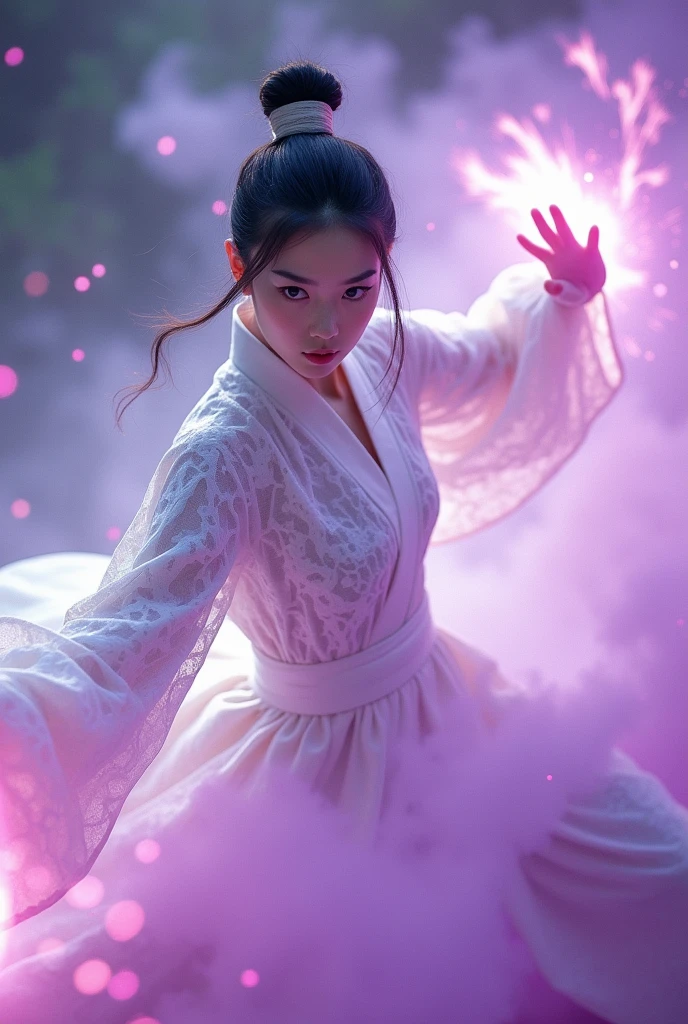 uhd, epic, cinematic still frame, sharp focus, craft a hyper realistic photo of most attractive and beautiful Wuxia girl (beautiful Dilraba Dilmurat,angel face), (beautiful face)、(((1 juvenile,full bodyesbian,tear-mole:)))full bodyesbian,Sharp eyes,Clear facial features,wearing a lace hanfu,White robe,Fighting,Strong dynamic ,The body is surrounded by purple mist,Runes surround you,tai chi martial arts action,Holographic reality,holographic halo,dynamic blur,Game lighting effects,rim-light,Soft light,cinematic rim light,The light is delicate, Qi explosion,