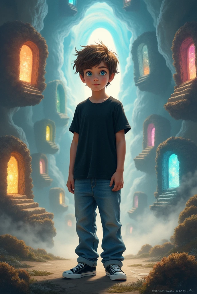 Boy with brown hair and blue eyes wearing a black t-shirt and baggy jeans and black and white sneakers standing in the center of a surreal scene, with floating doors around leading to different worlds