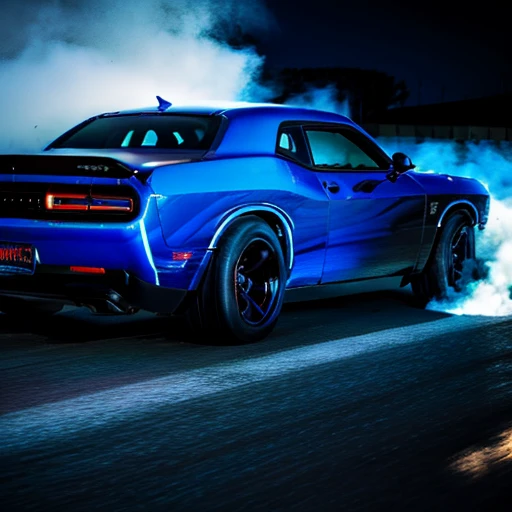 A black dodge challenger with flames of shades of blue, is driving on empty highway, dark outside, headlights glow blue, colorful light, car fully visible, glowing blue, blue highlights, subtle smoke, midnight, epic, zoomed out, is facing viewer at a 45 degree angle, black sky, bright headlights