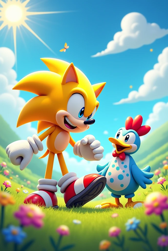 Yellow Sonic stepping on the blue spotted chicken