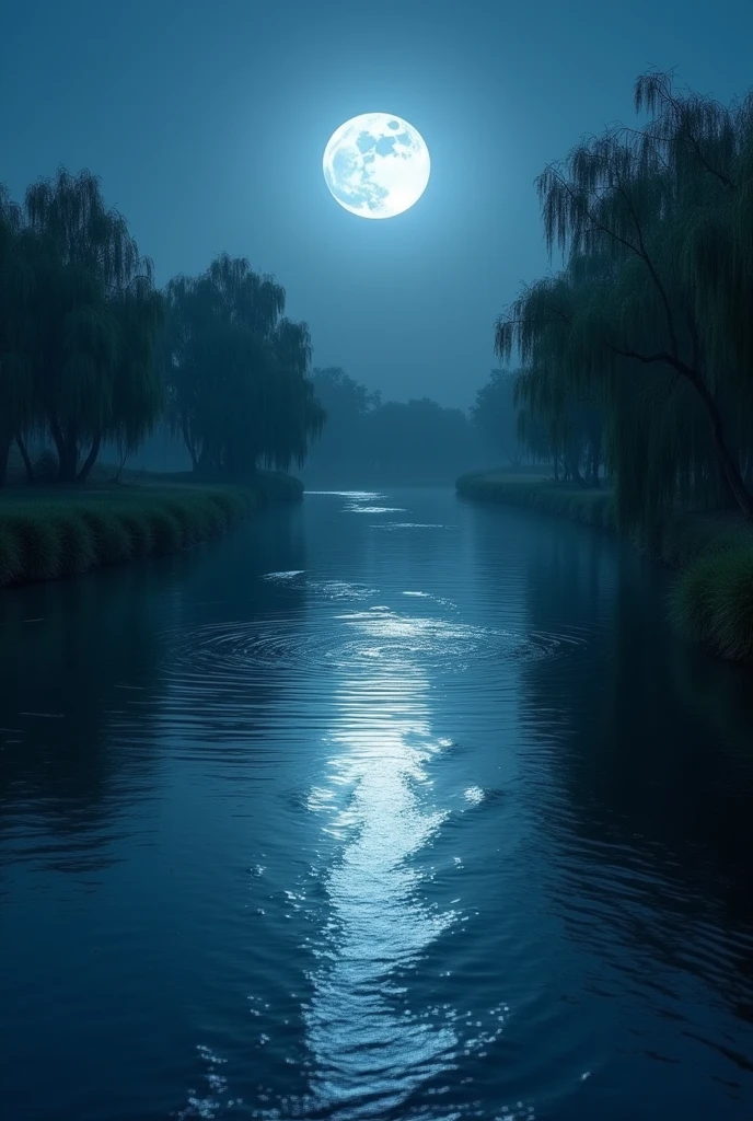 A full moon reflecting in a river